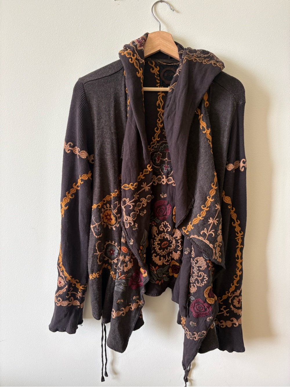 Johnny Was Dark Brown Embroidered Hooded Women's Sweater - Picture 7 of 8